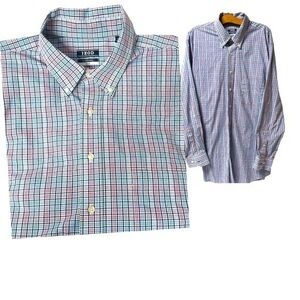 Men's BIG FIT Dress Shirt Stretch plaid (Big) 18 34/35   Red white blue‎